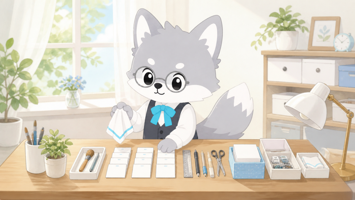 おすまし子ぎつねが整った机で作業する様子