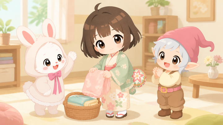 和みの座敷わらしがそっとまわりを支える様子