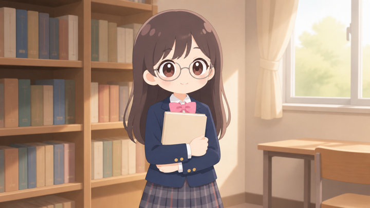 真面目な優等生がノートを手に落ち着いている様子