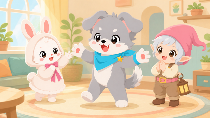 わんぱくな子犬が友だちの輪の中心で笑う様子