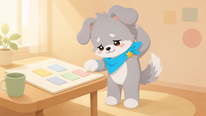 わんぱくな子犬が計画を前に照れ笑いする様子