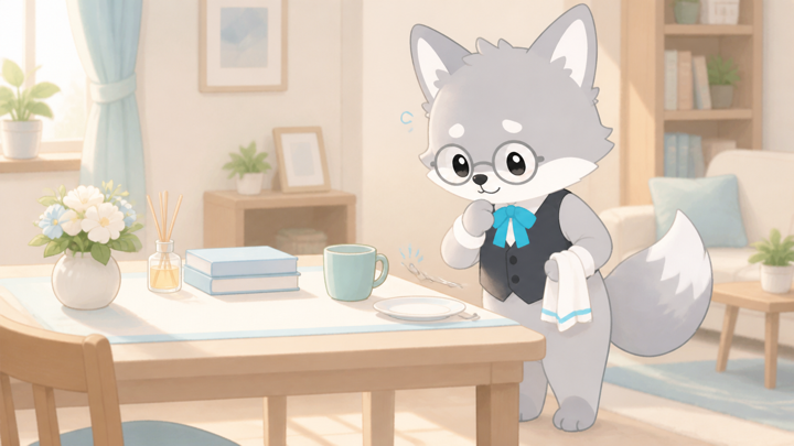 おすまし子ぎつねが少し緊張しながらほほえむ様子