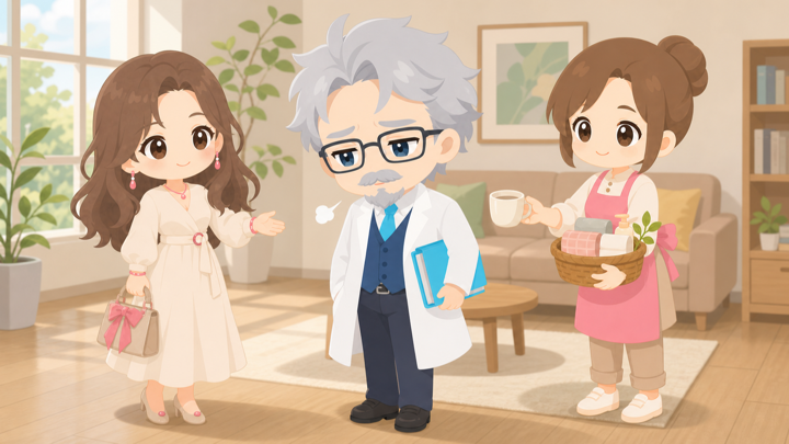 頭のキレる博士が人の輪の前でそっと息をつく様子