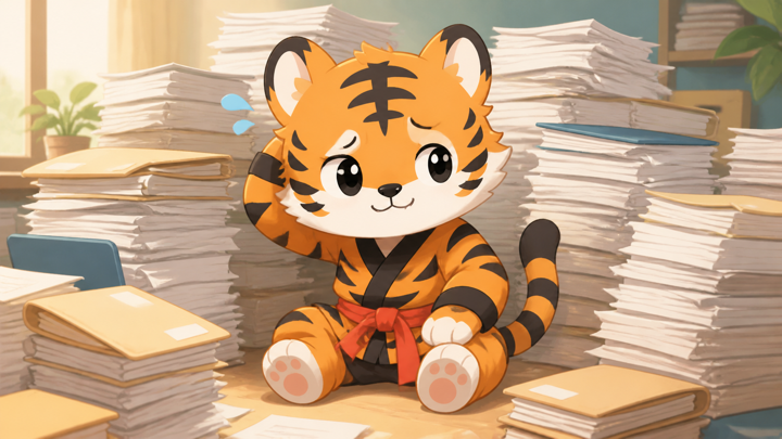 熱血なトラが山積みの書類を前に苦笑いする様子