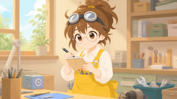 ひらめく発明家が思いつきをメモに書き留める様子