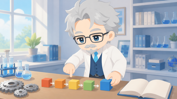 頭のキレる博士が難しい問題を筋道立てて解く様子