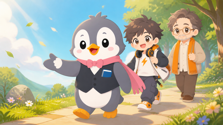 頼もしいペンギンがみんなをまとめて先導する様子