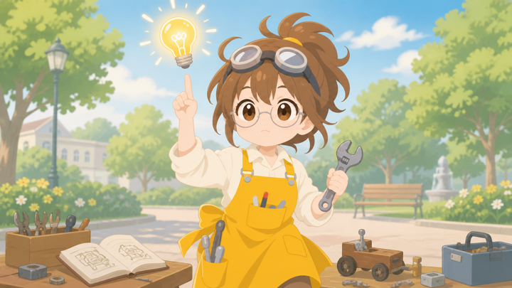 ひらめく発明家が新しいアイデアをひらめく様子