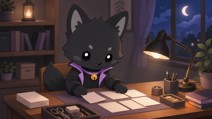 クールな黒猫が黙々と自分の作業に取り組む様子