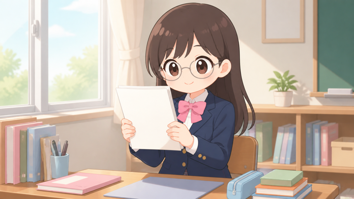 真面目な優等生がきっちり仕上げた課題を手にする様子